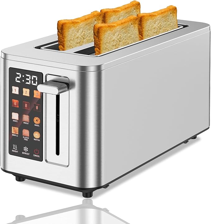 2026 Upgraded TAZTIR Touch Screen Toaster 4 Slice, Premium Stainless Steel Digital Bread Toaster with Timer, 1.5'' Wide Slot, 6 Shade Settings & 6 Bread Types, Bagel Defrost Reheat Cancel Functions