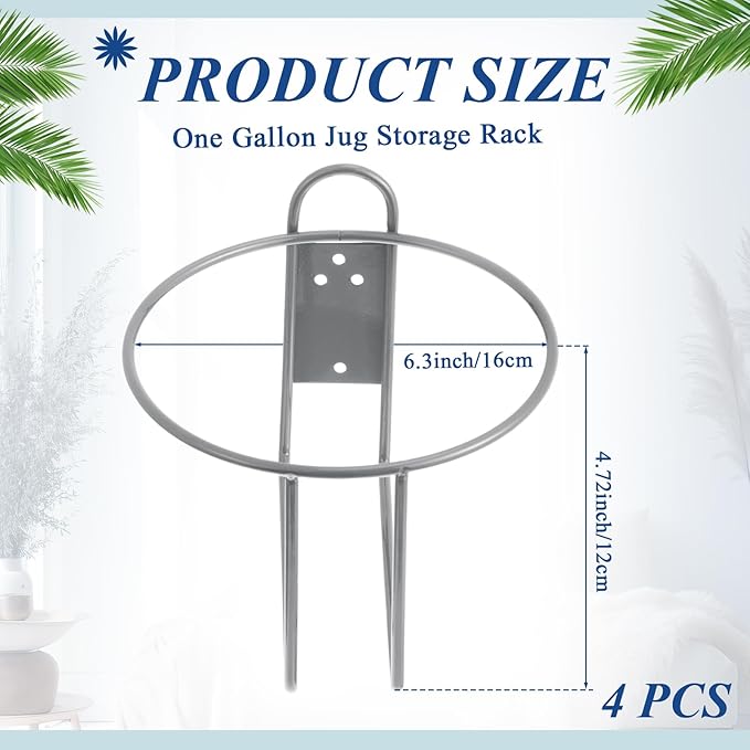 Hicarer 4 Pcs One Gallon Jug Storage Rack Wall Mounted Heavy Duty Steel Wall Rack for 1 Gallon Bottle Round Water Jug Holder with Hardware Hand Sanitizer 6-3/4" W x 5" H x 6-1/2" D (Gray)