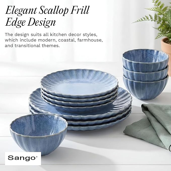 12 Pieces Stoneware Dinnerware Set, Microwave and Dishwasher Safe, for 4 | Scallop Frill Design, Chip Resistant, Ceramic, Includes Plates and Bowls