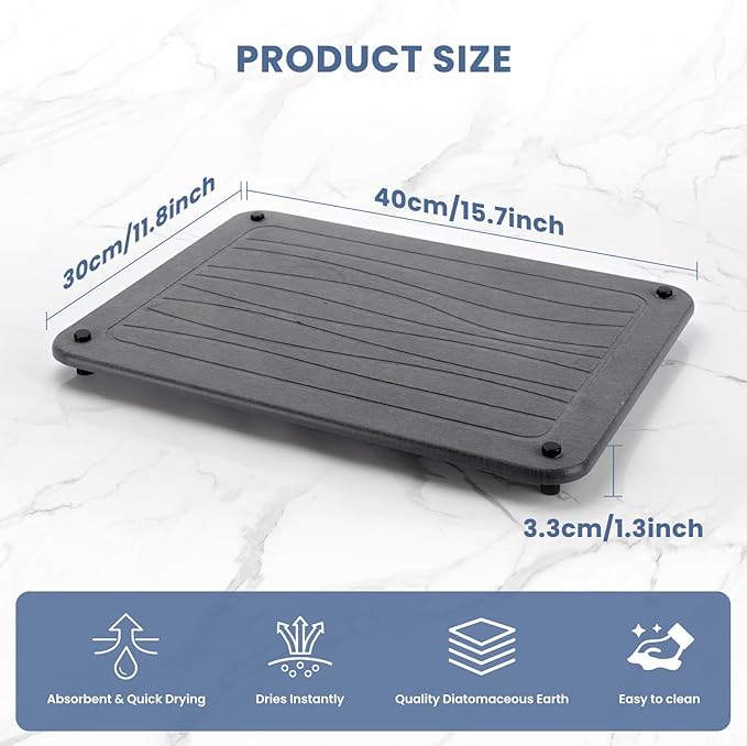 Stone Dish Drying Mats for Kitchen Counter 15.7"x 11.8" Quick Dry Stone Drying Mat Super Absorbent Diatomaceous Earth Drying Mat with 4 Non-Slip Stainless Steel Feet for Dishes&Cups Dark Grey