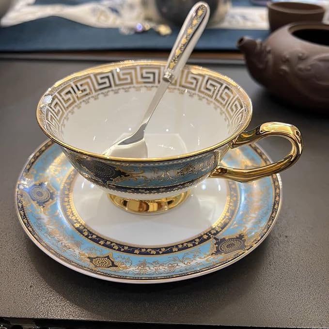 YBK Tech Euro Style Bone China Cup& Saucer Set, Ceramic Tea Coffee Cup for Home Kitchen Wedding (Royal Pattern- Sky Blue)