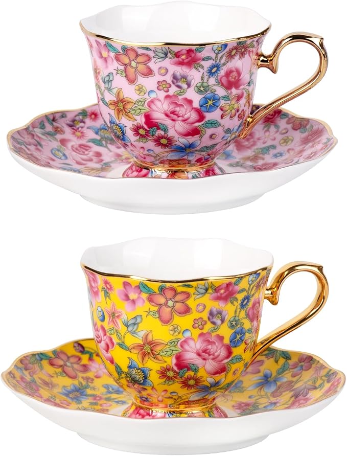 KAMMAK Tea Cups and Saucers Set of 2, Porcelain Coffee Cups, 6.3oz Stackable Espresso Mugs, Ceramic Demitasse for Coffee, Latte, Americano, Tea (645N+646N)
