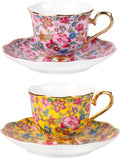 KAMMAK Tea Cups and Saucers Set of 2, Porcelain Coffee Cups, 6.3oz Stackable Espresso Mugs, Ceramic Demitasse for Coffee, Latte, Americano, Tea (645N+646N)