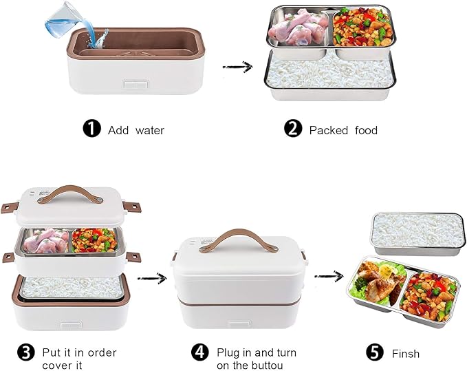 Self Cooking Electric Lunch Box, Portable Food Warmer for On-the-Go,Mini Rice Cooker 2 Layers 800ML Heated Lunch Box for Home Office Cook Food White