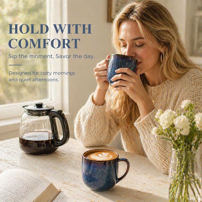 LERATIO 12OZ Ceramic Coffee Mugs Set of 6, Large Porcelain Coffee Cups With Large Handle For Latte,Cappuccino,Milk,Cocoa,|Dishwasher&Microwave Safe Mug Sets,Ideal for Man,Woman,Dad, Mom-Blue