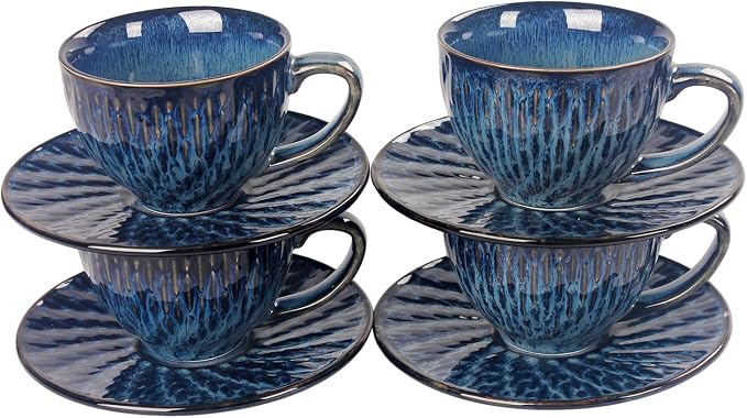 Coffee Mugs Set, 6.8 Oz,Ceramic Tea Cup with saucer, Espresso Cups 8-piece, Stackable Cups, for Latte,Hot Tea,Cappuccino, Mocha, Cocoa, dishwasher & microwave safe,Royal blue