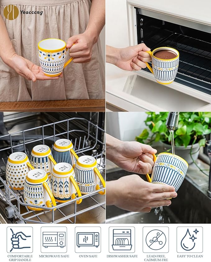 Yeacccng Bohemian Coffee Mugs Set of 6, 15 Oz Ceramic Latte Cappuccino Cups with Yellow Handle, Non-Slip Grip Sturdy Base, Dishwasher Microwave Oven Safe, Scratch-Resistant Boho Tea Mugs