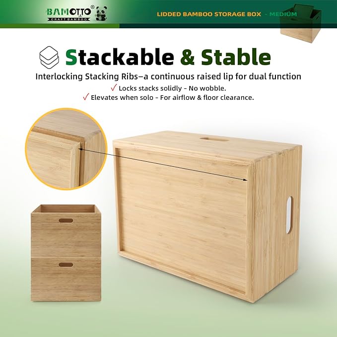 BAMOTTO CRAFTBAMBOO 14.6”x10.2”x6.5” Lidded Storage Bins - Stackable Bamboo Box/Cube/Basket with Handles for Home Kitchen Office, Organize Tableware Clothing Toys Books