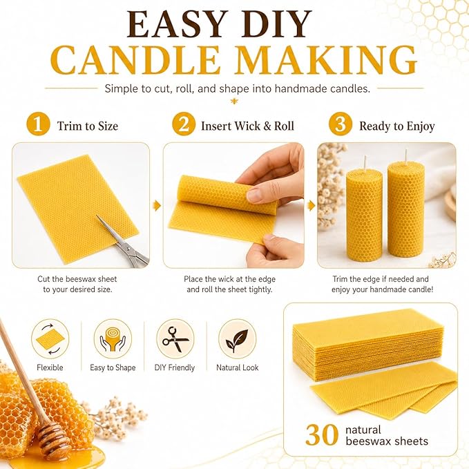 30Pcs Beeswax Sheets for Candle Making, Natural Wax Foundation for Bee Frames, DIY Candle Making Kit, Bees Wax Sheets for Beehives Honey (16.34 x 7.68inch)