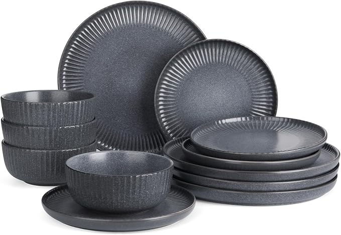Famiware Starlight 12-Piece Plates and Bowls Sets for 4, Stoneware Dinnerware with Ribbed Textured, Handcrafted Reactive Glaze Dishes - Dishwasher & Microwave Safe, Chip/Scratch Resistant, Matte Grey