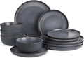 Famiware Starlight 12-Piece Plates and Bowls Sets for 4, Stoneware Dinnerware with Ribbed Textured, Handcrafted Reactive Glaze Dishes - Dishwasher & Microwave Safe, Chip/Scratch Resistant, Matte Grey