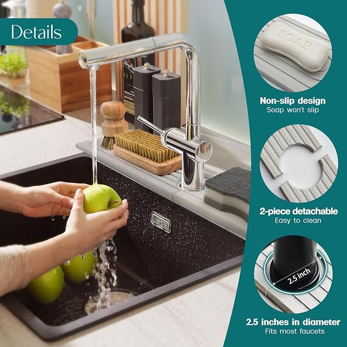 Eormoe Kitchen Sink Faucet Mat - 15.7in Diatomite Sink Protectors for Kitchen Sink, Stone Sink Splash Guard for Kitchen Counter Sink Accessories (Light Grey, 15.7'' x 3.9'')