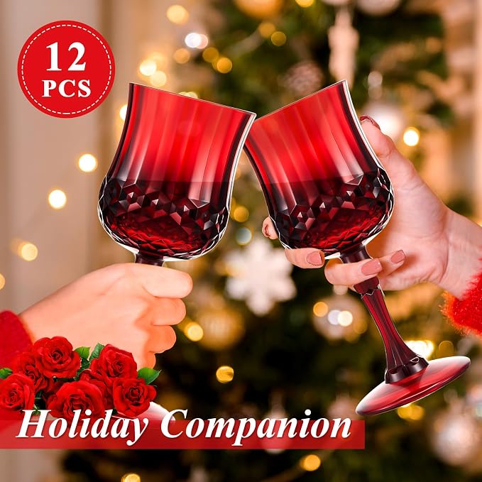 Pinkunn 12 Pcs 7 oz Plastic Vintage Wine Glasses Reusable Colored Goblets Patterned Drinking Water Glasses Cup Dishwasher Safe for Mother's Day Wedding Reception Party Supplies (Red)