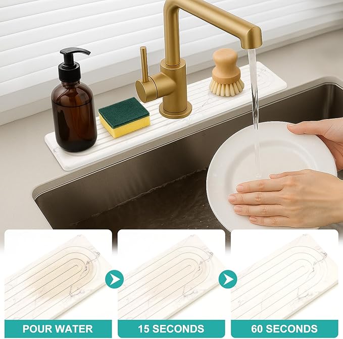 Water Absorbing Stone Drying Mat for Kitchen Counter Diatomite Faucet Mat for Kitchen Sink Quick Dry Stone Mats Bathroom White Sink Protectors Dish Drying Mats Splash Guard Home Essentials Decor