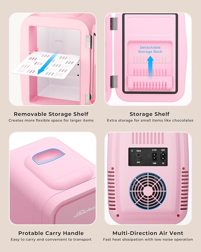BEICHEN Mini Fridge, 4 Liter/6 Can Portable Refrigerator for Bedroom Office Dorm Car– Fast Cooling, Low Noise, 100-125V AC/5-12V USB Small Compact Refrigerator for Skincare, Food, Drinks(Pink)