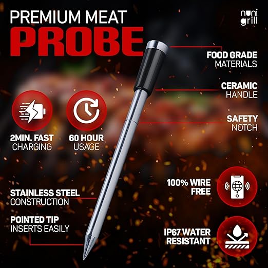 Smart Wireless Meat Thermometer- Digital Meat Thermometer for Smoker, Grilling & Oven Smartphone App Digital Meat Thermometer Wireless, 200ft Range, Rechargeable (One Probe)
