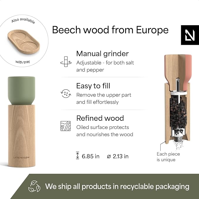 LARS NYSØM Wooden Salt and Pepper Grinder Set Manual - Salt and Pepper Mills with Adjustable Ceramic Grinder - Elegant Beechwood Pepper and Salt Mill Set for Dining Table (Red/Green)