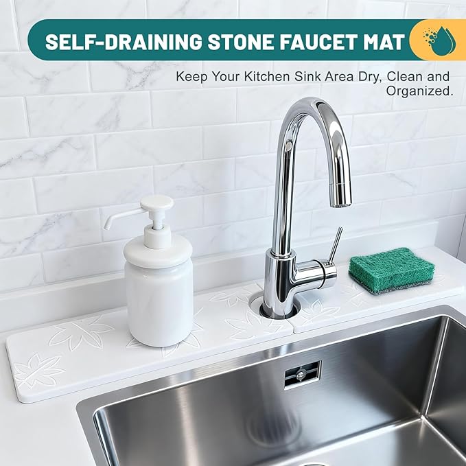 Hopegiver Stone Faucet Mat for Kitchen Sink - Fast Drying Diatomite Sink Protector Prevent Moisture, Super Water Absorbing Stone Tray for Kitchen & Bathroom Counter (White Maple Leaf, 23.6"x3.9")