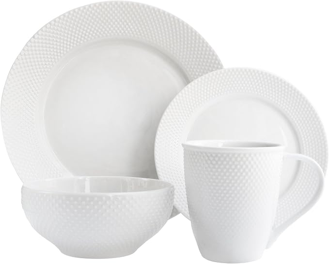 Elle Décor Round Dinnerware Set – 16-Piece Porcelain Dinner Set w/ 4 Dinner Plate, 4 Salad Plates, 4 Bowls & 4 Mugs – Unique Gift Idea Any Special Occasion or Birthday