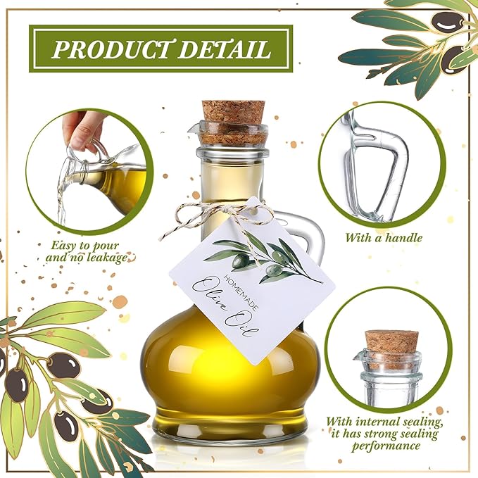 Vesici 20 Set Olive Oil Bottle with Stopper Mini Glass Oil Cruet Dispenser with Label Vinegar Bottle with Spout for Kitchen Salad Dressing Syrup Container for Wedding Baby Shower Favors(8.5 oz 2)