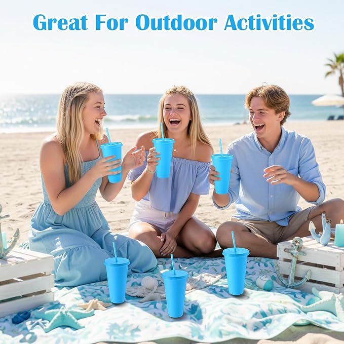 Honeydak 30 Pack Tumbler with Straw and Lid Bulk Cups for Gifts Glitter Plastic Coffee Cups 24-27 oz Reusable Water Bottle Iced Coffee Travel Mug Party Favors for Birthdays Travel (Solid Light Blue)