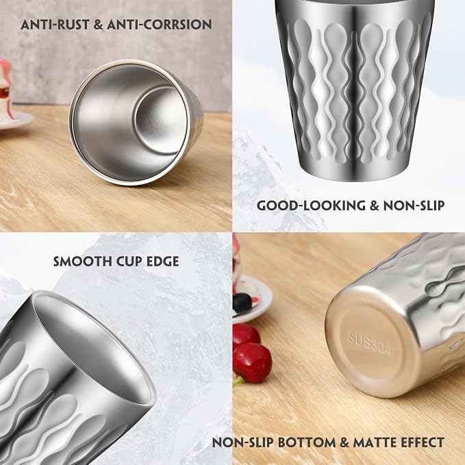 Mimorou 8 Pack 8.8oz Stainless Steel Cups Pint Cup Metal Double Layer Insulated Drinking Beer Water Tumbler Camping Reusable Stackable for Office Party Hot Cold Drink(Wave Pattern)