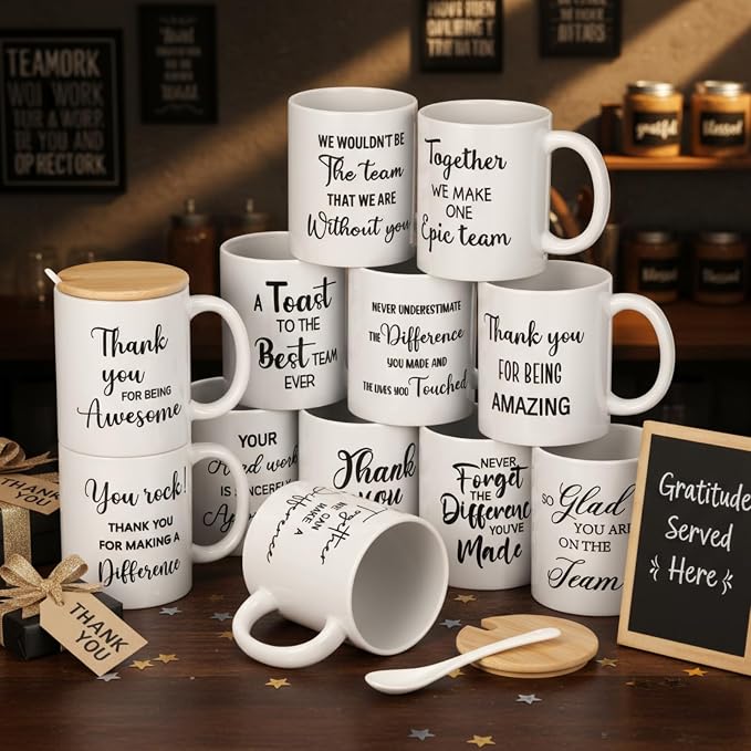 12 Pcs Thank You Coffee Mugs Gifts Bulk Employee Appreciation Gifts Cups 12oz Motivational Ceramic Mugs with Lid Spoon for Team Coworker Volunteer Office