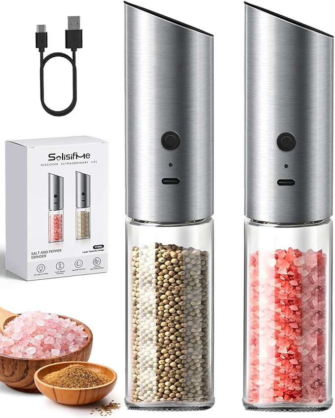 Gravity Electric Salt and Pepper Grinder Set, USB Rechargeable Stainless Steel Mills with Large Capacity Tall Glass, LED Light, Adjustable Coarseness, Ideal for Kitchen and Dining(2PCS)