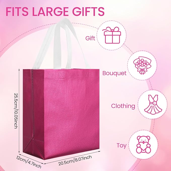 Eccliy Reusable Gift Bags Set Glossy Grocery Gift Tote Bag with Handle for Wedding, Bridal Shower, 4th of July, Summer Event(10 x 8 x 4.7 Inch,Hot Pink,80 Pcs)
