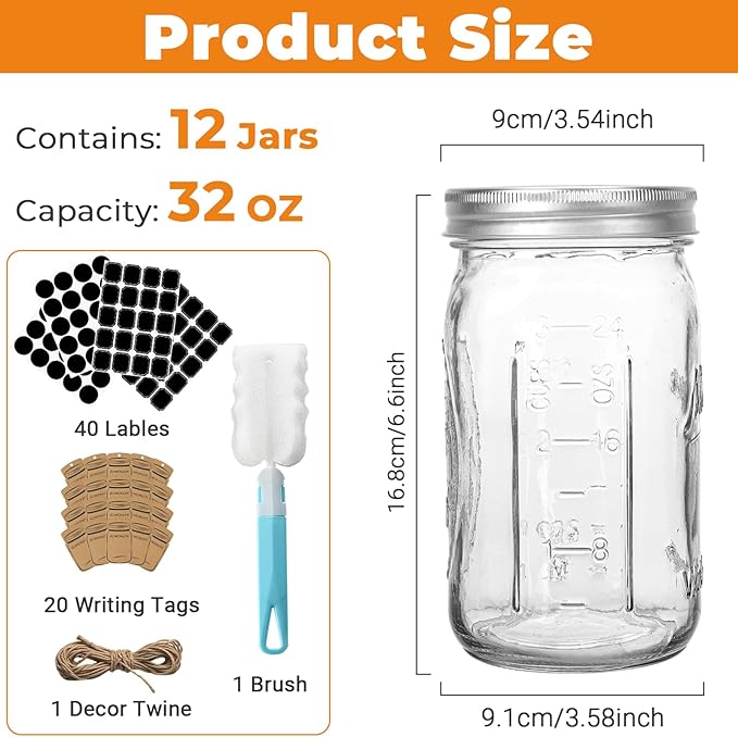 CycleMore Wide Mouth Mason Jars 32 oz, 12 Pack Large Glass Mason Jar with Metal Airtight Lids and Bands, 1 Quart Canning Jars for Pickling, Fermenting, Food Storage & DIY Projects