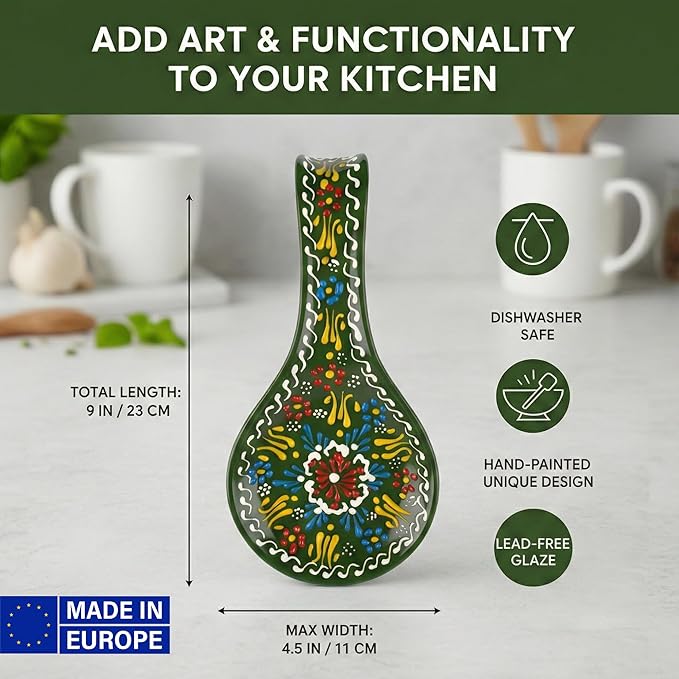 BCS Ceramic Spoon Rest, Large 9” Hand Painted Spoon Holder for Stove Top & Kitchen Counter, Dishwasher Safe & Heat Resistant Utensil Holder, Floral Kitchen Decor, Handmade Pottery