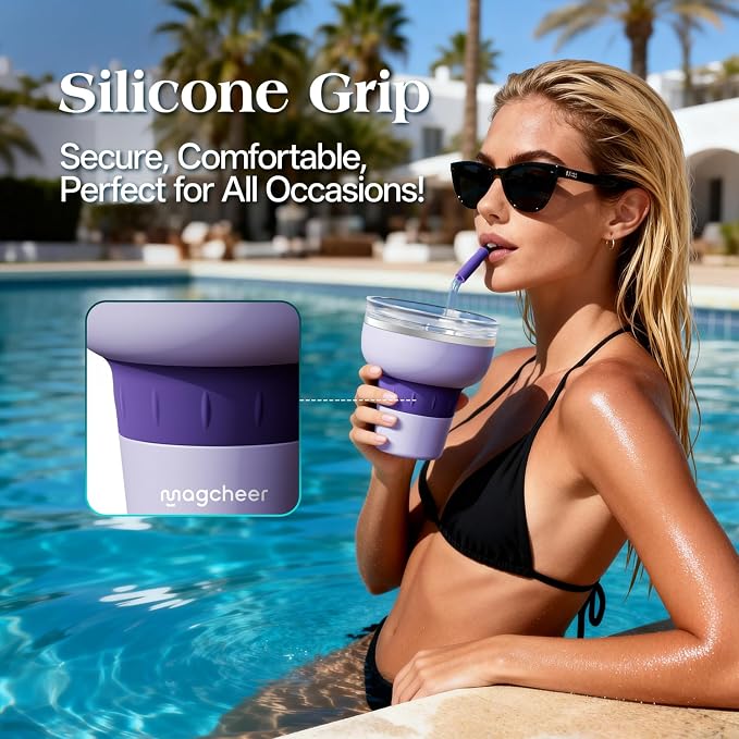 16 oz Cocktail Tumbler with Lid and Straw - Stainless Steel Insulated Margarita Tumbler - 320° Sippable Stemless Wine Cup for Party | Purple