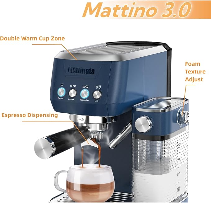 MAttinata Cappuccino Machine, Espresso Machine with Automatic Milk Frother | Compact Coffee Maker, 20 Bar Italian Pump, Adjust Hot Milk Foam, Barista Latte Art, Small for Home, Stainless Steel, Blue