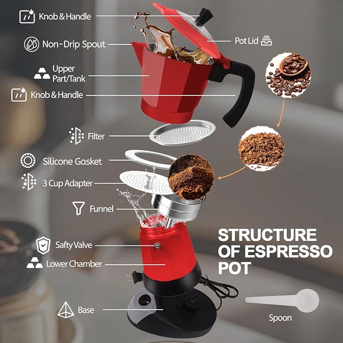 Aluminum Electric Moka Pot 3-6 Cup 270ml Express Coffee Maker Stovetop Espresso Portable Coffeemaker Italian Classic Brewing Greca Cafe Mocha with Removable Base and Overheating Protection Machine
