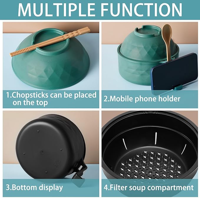 2 Sets Microwave Ramen Bowl 40 oz Wheat Fiber Portable Instant Noodle Cooker Bowl with Handles Strainer Spoon Chopstick Fork College Dorm Room Apartment Essentials(Black,Dark Green)