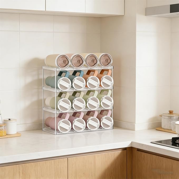 Yieach 4 Tier Waterbottle Organizer for Cabinet - Large Compartment Stackable Water Bottle Holder and Wine Bottle Rack,Acrylic Water Bottle Organizer Rack for 40 oz Stanley Cup,Yeti and Tumbler Shelf