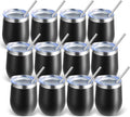 Volhoply 12oz Stainless Steel Wine Tumbler with Lid Bulk 12 Pack,Double Wall Vacuum Stemless Wine Glasses,Reusable Metal Travel Coffe Mug with Straw,Insulated Cups Gifts for Christmas（Black,12 Set）