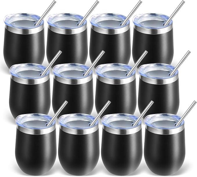 Volhoply 12oz Stainless Steel Wine Tumbler with Lid Bulk 12 Pack,Double Wall Vacuum Stemless Wine Glasses,Reusable Metal Travel Coffe Mug with Straw,Insulated Cups Gifts for Christmas（Black,12 Set）