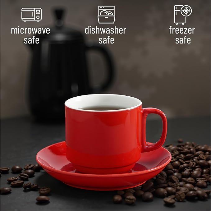 BTaT- Stackable Coffee Cups with Saucers, Set of 6, 8 Ounce, Red, Porcelain Cappuccino Cups for Coffee Drinks, Cappuccino, Latte, Espresso, Americano and Tea, Microwave & Dishwasher Safe