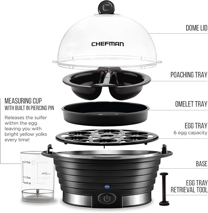 Chefman Egg-Maker Rapid Poacher, Food & Vegetable Steamer, Quickly Makes Up to 6, Hard, Medium or Soft Boiled, Poaching/Omelet Tray Included, Ready Signal, BPA-Free, BLACK