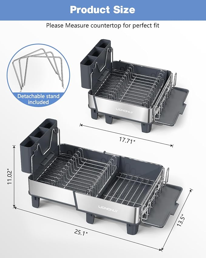 Dish Drying Rack, 304 Stainless Steel Expandable Dish Rack with Adjustable Drain Spout, Large Capacity Dish Drainer with Utensil Holder, Cup Holder and Cutting Board Rack for Kitchen Counter, Gray