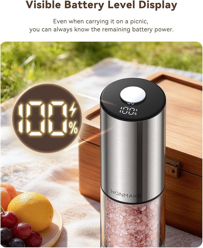 Electric Salt and Pepper Grinder Set, Type-C Rechargeable with LED Battery Level Display, Stainless Steel Salt and Pepper Shakers with Storage Base, Top Button Design, 5 Adjustable Coarseness Levels