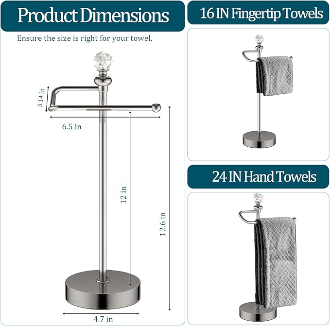 ROLABAM Hand Towel Holder for Bathroom, Hand Towel Rack Stand with Heavy Weighted Base, Crystal Ball Countertop Towel Rack Stand for Bathroom Kitchen (Brushed Nickel, 2 Pack)