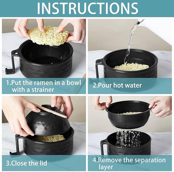 2 Sets Microwave Ramen Bowl 40 oz Wheat Fiber Portable Instant Noodle Cooker Bowl with Handles Strainer Spoon Chopstick Fork College Dorm Room Apartment Essentials(Black,Dark Green)