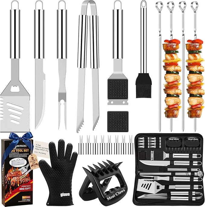ROMANTICIST 23pcs Heavy Duty Grilling Gifts for Men Dad Fathers Day, Extra Thick BBQ Accessories Tools Set, Stainless Steel Grill Utensils Kit with Meat Claws,Canvas Bag for Outdoor Camping Silver