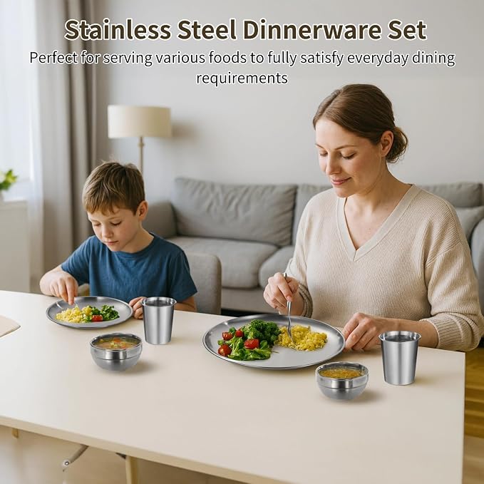 36 PCS Stainless Steel Dinnerware Set, Includes 12PCS 6.7 & 10.2 in Plates, 6 Pieces Bowls and 6 Pieces Cups, Spoons, Forks, Food-Safe Mess Kit for Home Kitchen, Camping, Picnic, Silver (Silver-C)