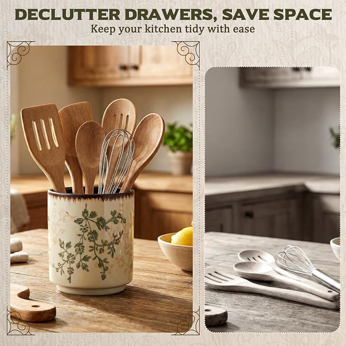 Kitchen Ceramic Utensil Holder Rustic 5.5" Brown Green Floral Utensil Crock for Countertop Tuscany Cooking Tools Storage Caddy for Spatula Spoon Farmhouse Decor Housewarming Gift
