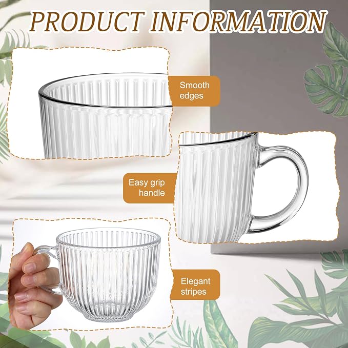12 Pack Glass Coffee Mugs with Handles, 12 Ounces Glass Breakfast Mugs Bulk, Clear Tea Cups for Hot/cold Drinks, Glassware Set for Americano, Latte, Cappuccino(Ribbed)