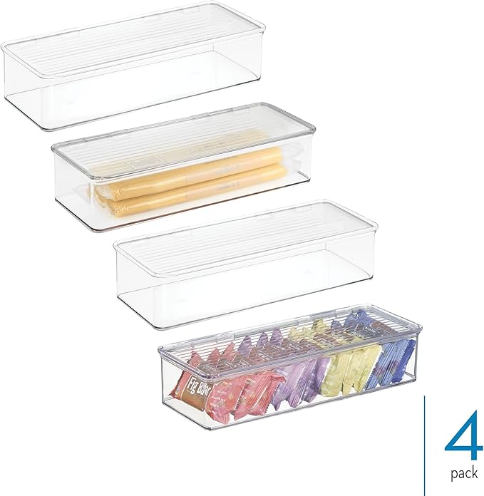 iDesign Plastic Stackable Hinged-Lid Pantry or Kitchen Storage Box - Set of 4 - Clear