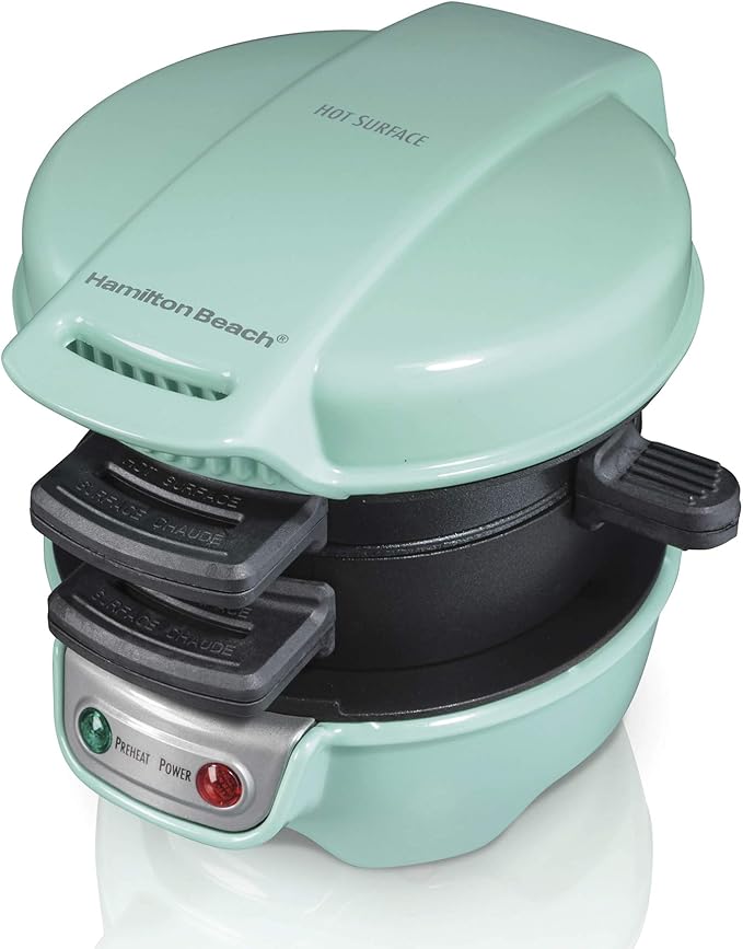 Hamilton Beach Breakfast Sandwich Maker with Egg Cooker Ring, Customize Ingredients, Perfect for English Muffins, Croissants, Mini Waffles, Perfect White Elephant Gifts, Mint (25482)